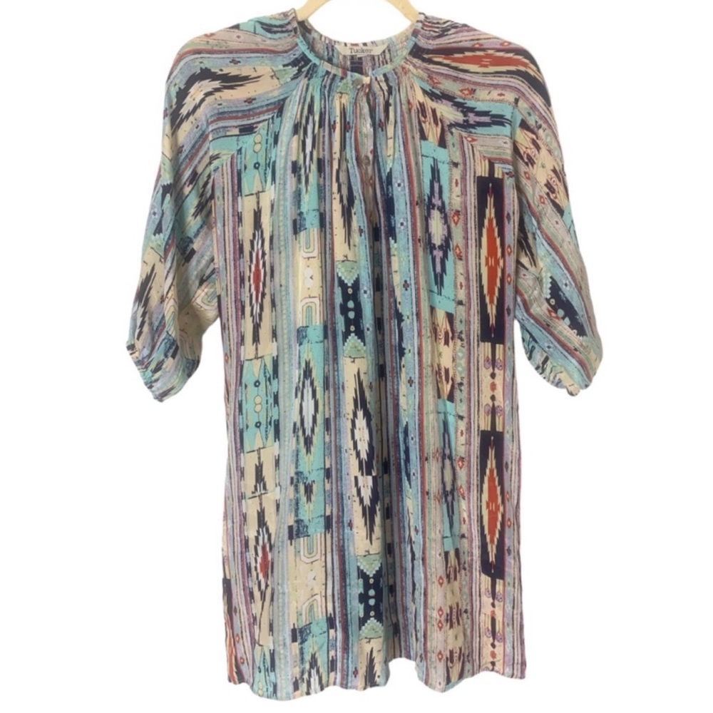 Tucker NYC S/P 100% Silk Colorful Aztec Western Boho Festival Printed Dress
